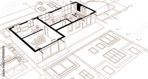 architecture traditional house plan 3d illustration