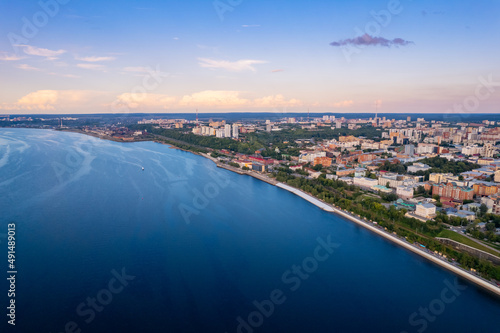 Aerial top view panorama city Perm and Kama river Russia, sunset drone photo