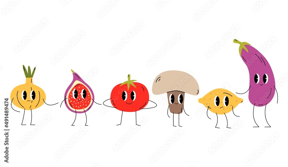 Obraz premium Groovy retro clipart fruits and vegetables set. 70s, 80s, 90s cartoon style. Patches, pins, stamps, stickers templates. Funny cute comic characters. Vintage, nostalgic aesthetic.