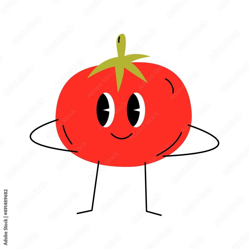 Groovy retro clipart smile positive tomato. 70s, 80s, 90s cartoon style.  Patches, pins, stamps, stickers templates. Funny cute comic characters.  Vintage, nostalgic aesthetic. Stock-Vektorgrafik | Adobe Stock