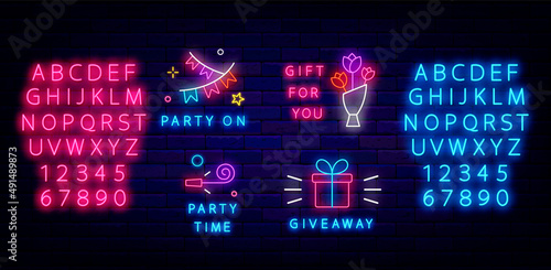 Party, giveaway and gift neon label set. Glowing blue and pink alphabet. Garland and glass. Vector stock illustration
