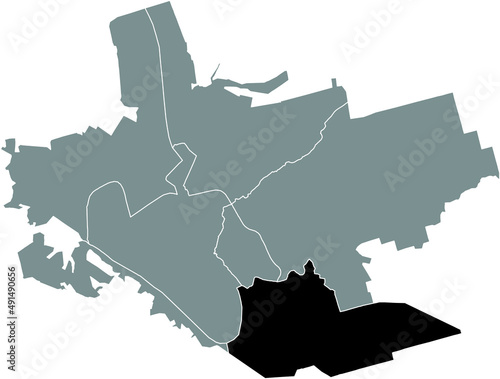 Black flat blank highlighted location map of the KOMUNARSKY RAION inside gray administrative map of Zaporizhzhia, Ukraine photo