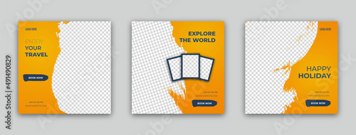 Travel agency social media post template design of summer beach, Adventure, and Travel. Set of web banner, poster for summer beach travel agency. Digital advertising illustration, promotion Banner.