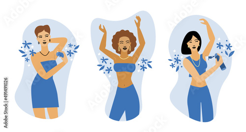 Deodorant set for underarms. Protection against sweat.
Illustrations of three beautiful women using antiperspirant.