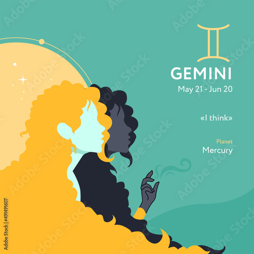 Gemini astrological sign illustration with woman silhouette and wind element. Zodiac sign, icon with horoscope text in flat vector style