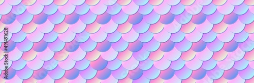 Mermaid princess seamless pattern in kawaii style. Marine animal skin background. Fishscale with blue pink gradient mesh. Vector backdrop with rainbow scales