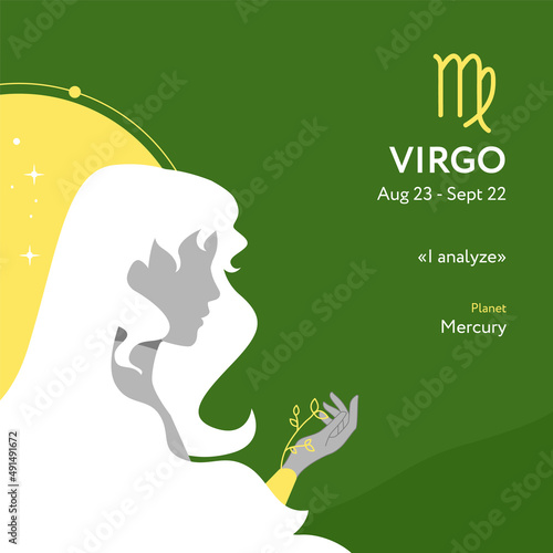 Virgo astrological sign vector illustration with woman silhouette and plant. Zodiac sign, icon with horoscope text 