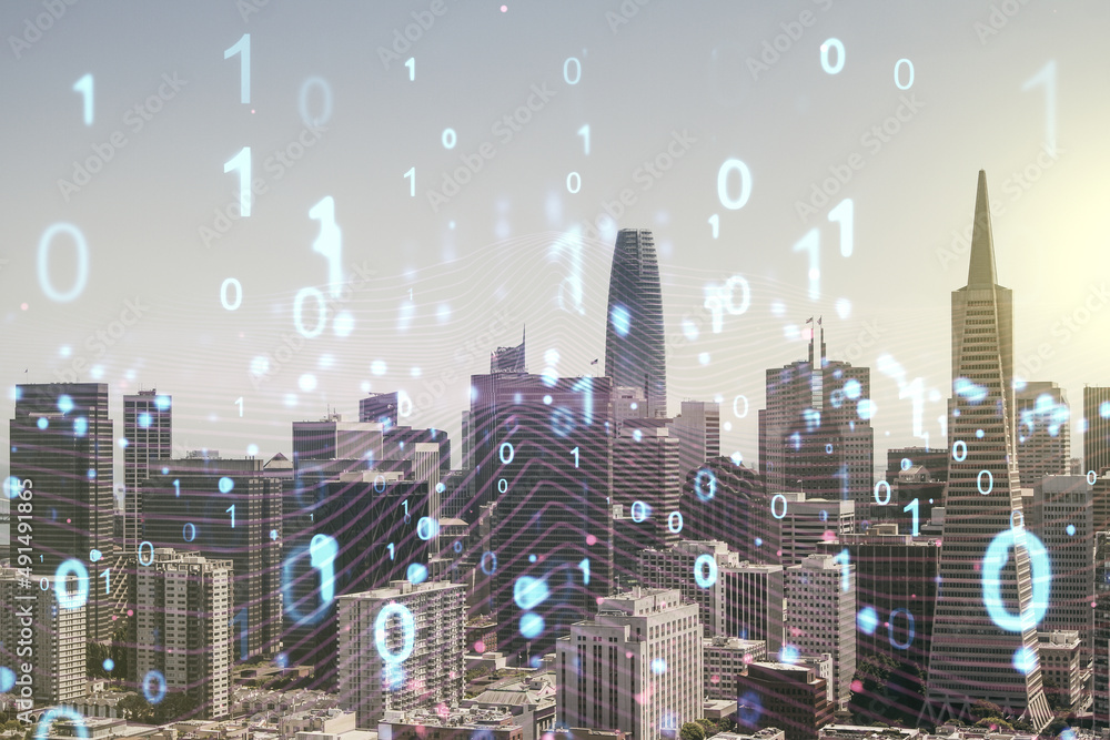 Abstract virtual binary code hologram on San Francisco cityscape background, AI and machine learning concept. Multiexposure