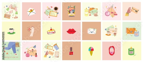 Hand drawn Vector set of Modern woman Lifestyle. Work and sport, fashion, spa, hobby, shopping concept. Various isolated icons