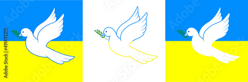 Dove of peace. Dove of peace on the background of the flag of Ukraine. Vector illustration of a dove holding an olive branch. Pray for Ukraine. Stop the war. World without war.