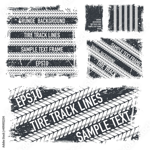 Grunge text tire tracks dark frames set
