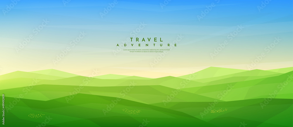 Vector illustration. Meadow polygonal landscape. Clear sky background. Triangle shapes. Hills. Graphic modern wallpaper. Abstract art. Minimalist style. Design element for web banner, website template