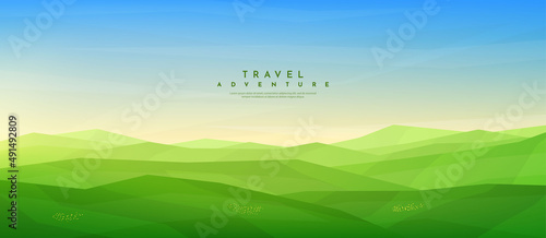 Vector illustration. Meadow polygonal landscape. Clear sky background. Triangle shapes. Hills. Graphic modern wallpaper. Abstract art. Minimalist style. Design element for web banner, website template