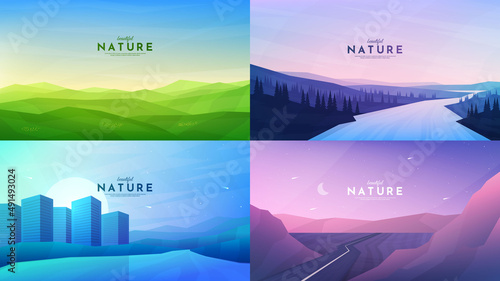 Vector illustration. Abstract background set. Minimalist style. Flat concept wallpapers. Landscape collection. Green meadow, mountain river in forest, city buildings, road between hills. Web banner