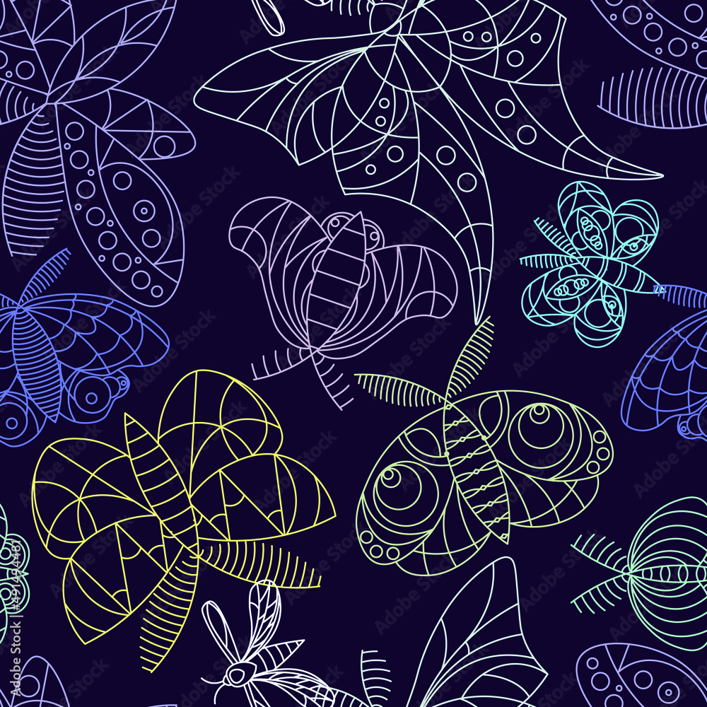 Naklejka premium Night Moths Lineart Seamless Ornament