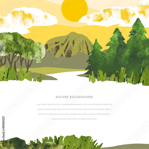 Bright landscape with sunset, mountain and coniferous forest. Nature hand draw vector template with place for text. Collage with watercolor texture