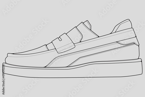 Shoes sneaker outline drawing vector, Sneakers drawn in a sketch style, black line sneaker trainers template outline, vector Illustration.
