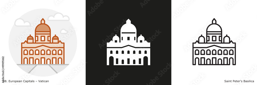 Saint Peter's Basilica  filled outline and glyph icon. Landmark building of the Vatican.