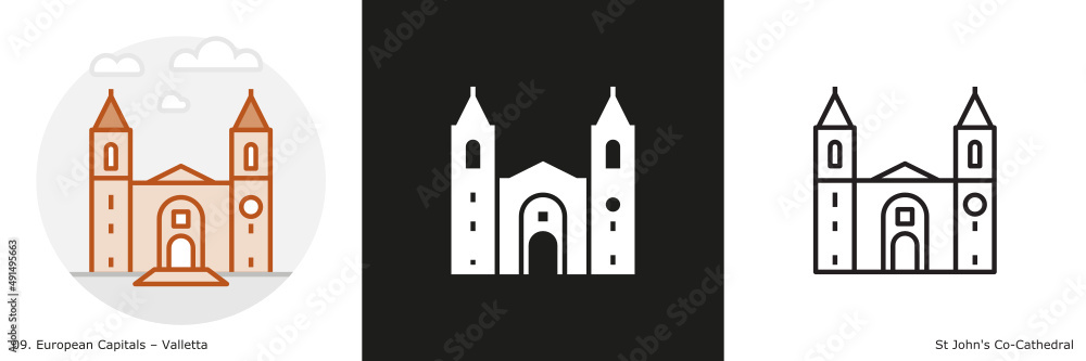 St John's Co-Cathedral filled outline and glyph icon. Landmark building of Valletta, the capital city of Malta.
St John's Co-Cathedral filled outline and glyph icon. Landmark building of Valletta, the capital city of Malta.
