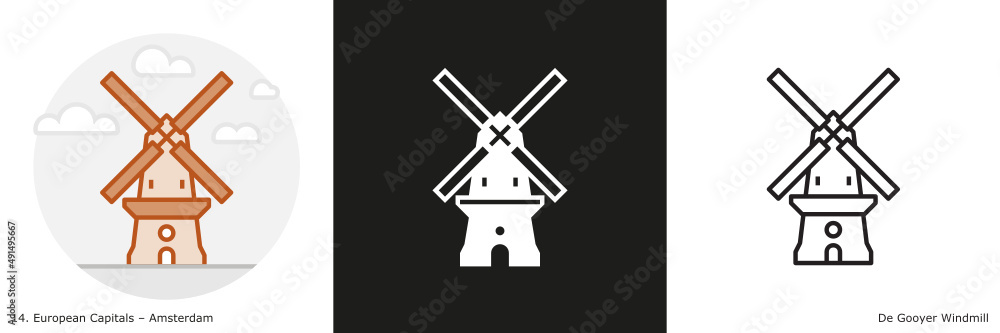 De Gooyer Windmill filled outline and glyph icon. Landmark building of Amsterdam, the capital city of the Netherlands.