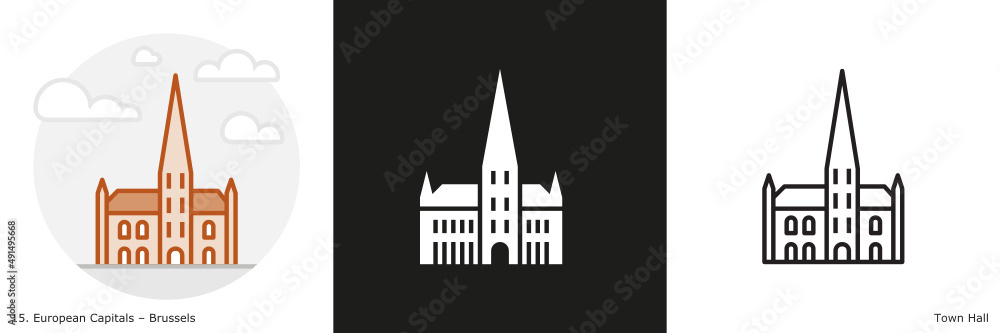 Brussels Town Hall  filled outline and glyph icon. Landmark building of Brussels, the capital city of Belgium.

