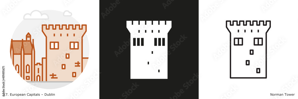 Fototapeta premium Norman Tower filled outline and glyph icon. Landmark building of Dublin, the capital city of Ireland.