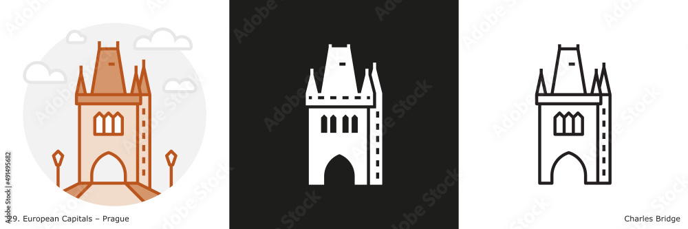 Charles Bridge  filled outline and glyph icon. Landmark building of Prague, the capital city of the Czech Republic
