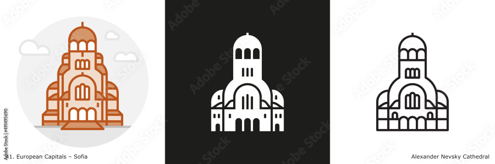 Alexander Nevsky Cathedral  filled outline and glyph icon. Landmark building of Sofia, the capital city of Bulgaria
