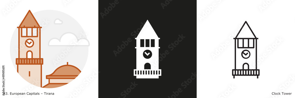 Clock Tower of Tirana filled outline and glyph icon. Landmark building from the capital city of Albania
Clock Tower of Tirana filled outline and glyph icon. Landmark building from the capital city of Albania