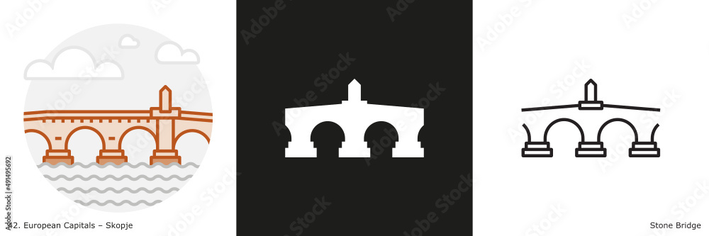 Stone Bridge filled outline and glyph icon. Landmark building of Skopje, the capital city of Macedonia.
