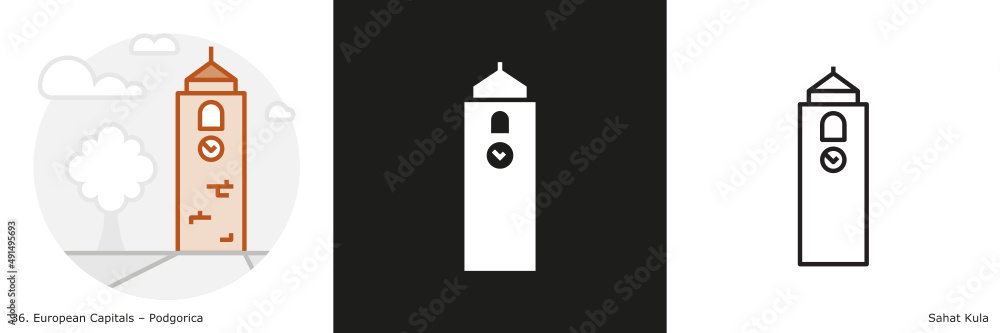 Clock Tower filled outline and glyph icon. Landmark building of Podgorica, the capital city of Montenegro
Clock Tower filled outline and glyph icon. Landmark building of Podgorica, the capital city of Montenegro