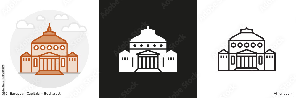 Athenaeum  filled outline and glyph icon. Landmark building of Bucharest, the capital city of Romania.
