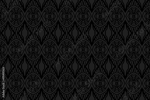 Decorative embossed black background, actual cover design. Geometric ethnic ornamental 3D pattern, art deco. National elements of creativity of the peoples of the East, Asia, India, Mexico, Aztecs.