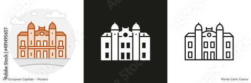 Monte Carlo Casino filled outline and glyph icon. Landmark building of Monte Carlo, the capital city of Monaco.
