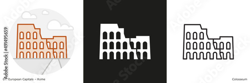 Colosseum filled outline and glyph icon. Landmark building of Rome, the capital city of Italy.
