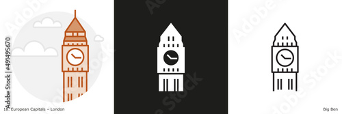 Big Ben  filled outline and glyph icon. Landmark building of London, the capital city of the United Kingdom.