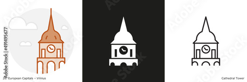 Cathedral Tower filled outline and glyph icon. Landmark building of Vilnius, the capital city of Lithuania
