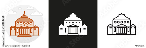 Athenaeum filled outline and glyph icon. Landmark building of Bucharest, the capital city of Romania. 