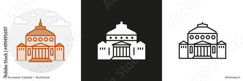 Athenaeum  filled outline and glyph icon. Landmark building of Bucharest, the capital city of Romania.
