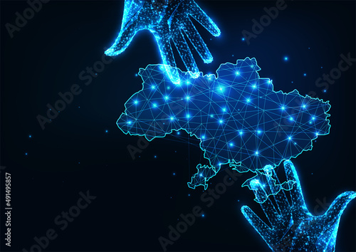 Abstract Ukrainian refugees help concept with glowing low polygonal Ukraine map and helping hands