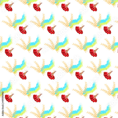 pattern with viburnum berries, ukrainian flag and wheat photo