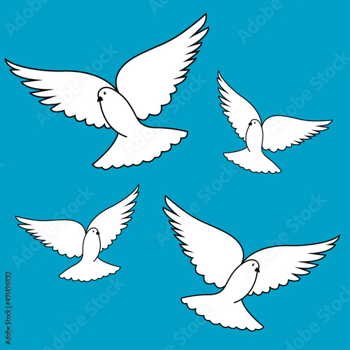 Four white doves, a symbol of peace on a blue background. Contour illustration. © Oleh
