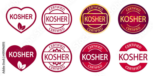 Set of Kosher food products labels, badges or logos. Vector Kosher sign certificate tag. Round icon. Sticker design. Stamp	