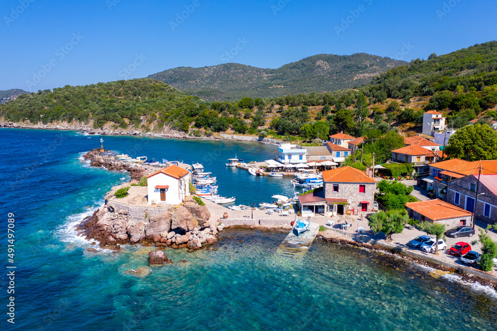 The little church of Panagia Gorgona situated on a rock in Skala Sykamias, a picturesque seaside village of Lesvos