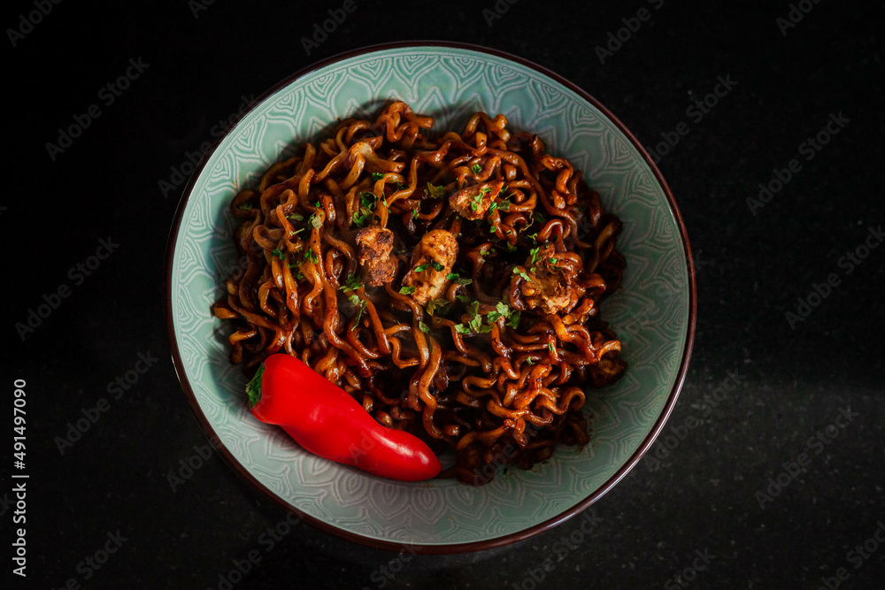 Fototapeta premium Asian Noodles with Spicy Chiken Teriyaki