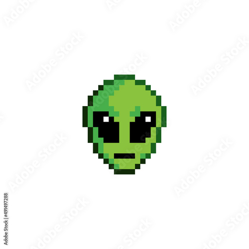 Pixel art green and gray cartoon alien character. 8 bit pixel alien. vector illustration. UFO. Creature. Face. Cartoon. 