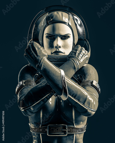 super astronaut girl is ready for action on dark background