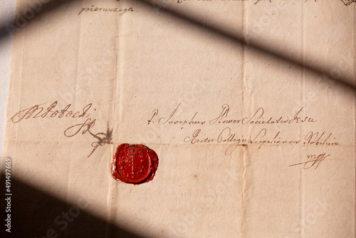 An old letter with a red wax seal. Fragment Of The Real Ancient Manuscript 1800's.