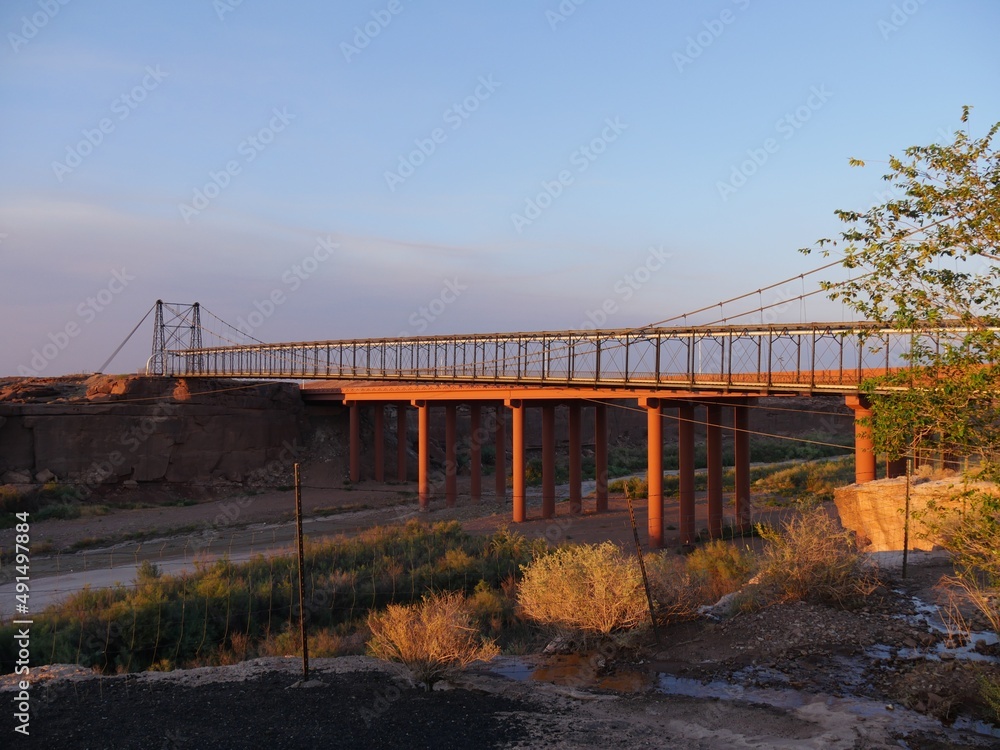 Wide shot of the Colorado River with a bridge seen from the Cameron Trading Post in Arizona.