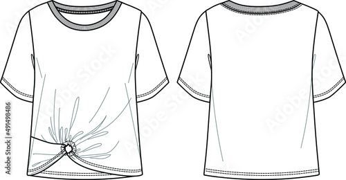 Vector short sleeved T-Shirt fashion CAD, woman round neck boxy shape top technical drawing, template, flat, sketch. Jersey or woven fabric basic t shirt with front, back view, white color